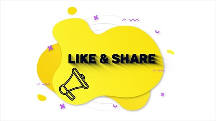 Leinwandbilder - Megaphone with text Like Share. Memphis style banner with abstract geometric shapes on yellow background. Banner and outline round elements with megaphone. 4K video motion graphic