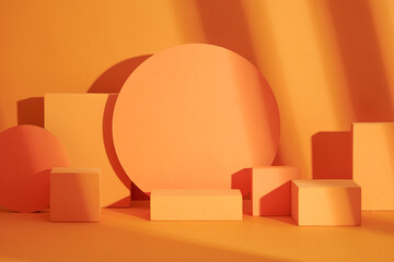 Front view of white and orange podium in a orange background for advertising , abstract content