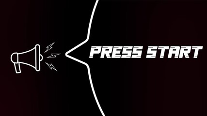 Fototapete - Megaphone with speech bubble and the Press start text on old tv glitch interference screen. Animation of retro press start text. 4K video motion graphic