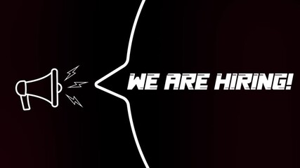 Poster - Megaphone with speech bubble and We are hiring text on old tv glitch interference screen. Animation of retro we are hiring text. 4K video motion graphic