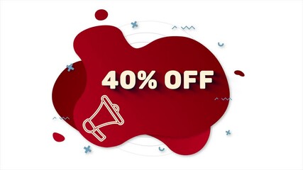 Poster - Megaphone with text 40 percent off. Memphis style banner with abstract geometric shapes on red background. Banner and outline round elements with megaphone. 4K video motion graphic