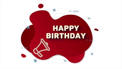 Fototapete - Megaphone with text Happy Birthday. Memphis style banner with abstract geometric shapes on red background. Banner and outline round elements with megaphone. 4K video motion graphic