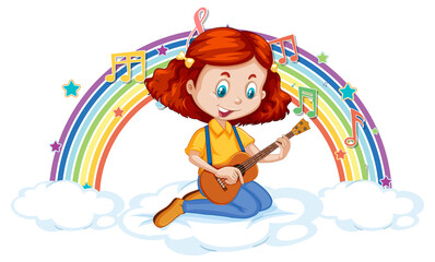 Poster - Girl playing guitar on the cloud with rainbow