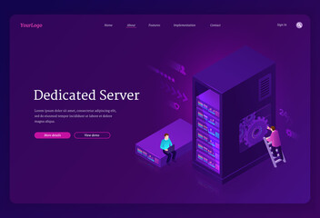 Dedicated server banner. Internet hosting service with private access to hardware, data storage and network in datacenter. Vector landing page with isometric people in data center with servers on rack