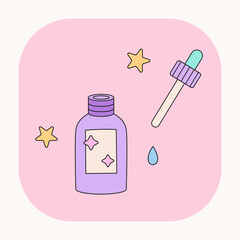 Wall Mural - Face serum cute cartoon illustration. Pink doodle icon of face serum bottle. Vector bottle and pipette. Korean beauty cosmetic product stuff.