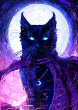 Oil Colorful Illustration With A Magical Black Cat With Pointed Ears, He Has Blue Mystical Eyes A Purple Cloak And Scarf Against The Background Of A Full Moon And A Fantasy Of A Starry Pink Sky 2d Art