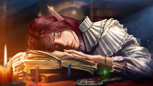 A Sweet Young Elf Girl, Peacefully Fell Asleep On A Pile Of Old Thick Books, She Has A Perfect Touching Face, Long Ears, Red Hair, She Is Lit By The Moon From The Library Windows And Candles. 2D Art