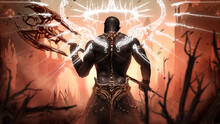 A Brutal Black Man With A Perfect Muscular Body, He Is An Angel Who Descended Into Hell On His White Thread-like Wings, With A Halo Crown On His Head, Around The Deserted Ruins Of Ancient Kingdoms