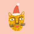 © Knstart Studio - Christmas doodle character cat leopard face Santa childish cartoon boho naive funky handdrawn style art vector