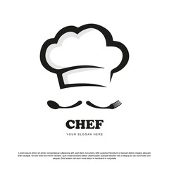 creative chef logo design with fork and spoon as a moustache. chef hat and window vector illustration