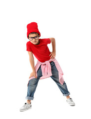 Poster - Dancing little boy on white background