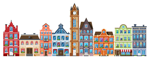 Wall Mural - Residential House Icon Collection in Dutch Style. Amsterdam Old Building Set Isolated. Historic Facade with Windows, Door, Flowers and Curtains. Architecture of Old Europe. Flat Vector Illustration