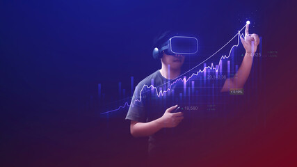 Wall Mural - Virtual reality technology of metaverse businessman analysis digital chart or innovation vr financial graph data and futuristic marketing diagram on strategy dashboard background with cyberspace.