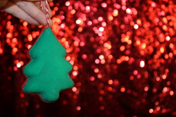 Wall Mural - beautiful green Christmas tree is lying on your hand on a shiny background