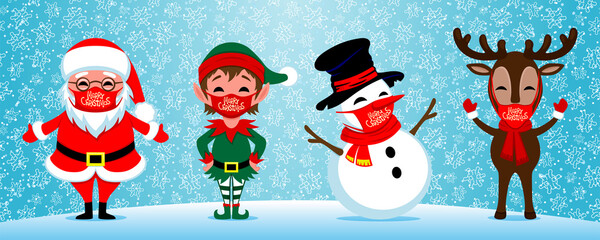 Wall Mural - Characters for celebrating Christmas and new year in protective masks and viruses around on a winter background. 