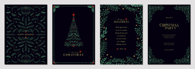 Wall Mural - luxury corporate holiday cards with christmas tree, birds, ornate floral frames, background and copy