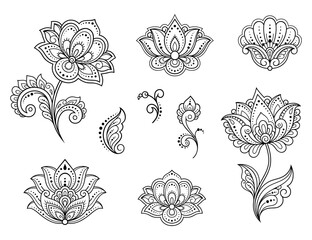 Wall Mural - set of mehndi flower pattern for henna drawing and tattoo. decoration in ethnic oriental, indian sty