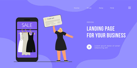 Girl holding credit card, shopping online flat vector illustration. Phone with dresses on screen. Sale, store app, payment concept for banner, website design or landing web page