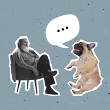 Contemporary Art Collage, Modern Design. Retro Style. Minimalism. Old Man Listening To Little Dog, Pet Isolated On Gray Vintage Background