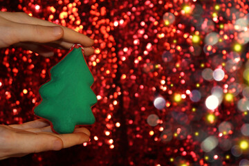 Wall Mural - beautiful green Christmas tree is lying on your hand on a shiny background