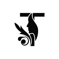 letter T woman face vector template logo beauty salon 