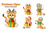 Fototapeta Pokój dzieciecy - Cartoon tiger vector character. Christmas theme