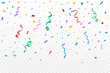© Ifti Digital - Confetti vector for the carnival background. Multicolor party ribbon and confetti falling. Colorful confetti isolated on transparent background. Festival elements. Birthday party celebration.