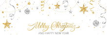 Christmas Banner. Gold And Silver Glitter Decoration. Hand Written Merry Christmas Text. Holiday Border, Frame. Festive Vector Background. Garland With Stars. For New Year Cards, Headers, Party Flyers