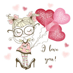 Wall Mural - A Valentine's Day card. Cute girl with balloon hearts. I love you. Vector