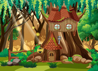 Wall Mural - fantasy forest background with tree house