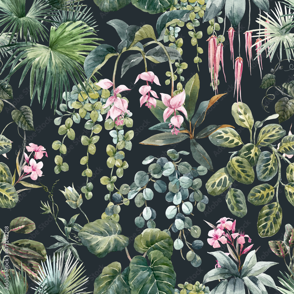 Beautiful seamless tropical floral pattern with hand drawn watercolor ...