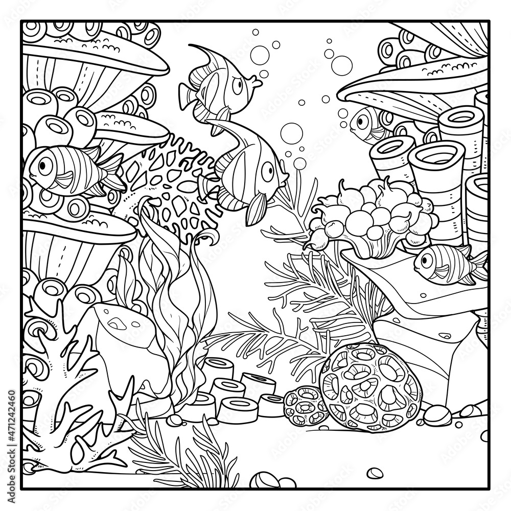 Underwater world with corals, anemones, algae and cartoon fishes ...