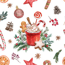 Watercolor Christmas Seamless Pattern With Hand Drawn Hot Cocoa Mug, Winter Pine Tree Branches, Berries, Candy Cane, Gingerbread Cookie. Festive Holiday Print. Winter Themed Designer Paper.