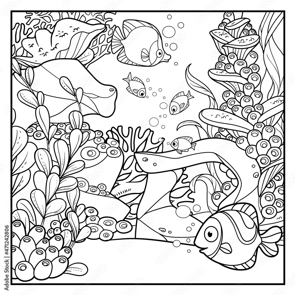 Cartoon underwater world with corals, algae, anemones and fishes ...