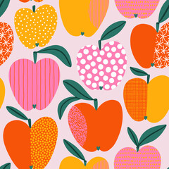 Juicy apples with abstract hand drawn textures, vector pattern
