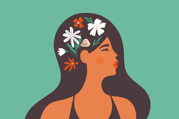 Female mental health, floral brain, positive mind. Beautiful woman with flowers in head. Psychology therapy. Self care, love, wellbeing. Long hair girl abstract vector illustration. Women day art card