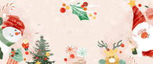 Winter Background Vector. Hand Painted Watercolor Drawing For Christmas  And Happy New Year Season. Background Design For Invitation, Cards, Social Post, Ad, Cover, Sale Banner And Invitation.