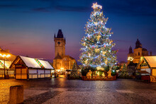 The Beutiful Decorated Christmas Tree At The Traditional, Festive Market At The Old Town Square Of Prague, Czech Republic, During Winter Dawn Without People