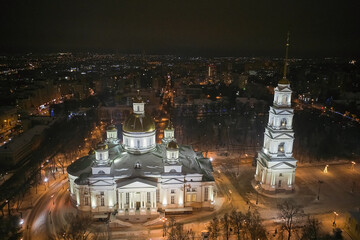 Wall Mural - Scenic aerial view of ancient orthodox Spassky cathedral in center of old historic touristic city Penza in Russian Federation. Beautiful winter look of old orthodox church in nighttime illumination