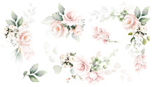 Set Watercolor Arrangements With Garden Roses. Collection Pink Flowers, Leaves, Branches. Botanic Illustration Isolated On White Background.