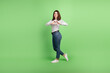Full body profile side photo of young cheerful lady show fingers heart symbol love isolated over green color background