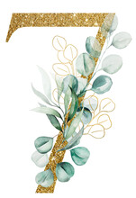 Golden Number 7 Decorated With Green Watercolor Eucalyptus Branches Isolated