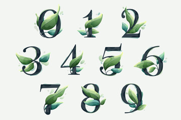 Numbers set with green leaves in clear vector watercolor style.