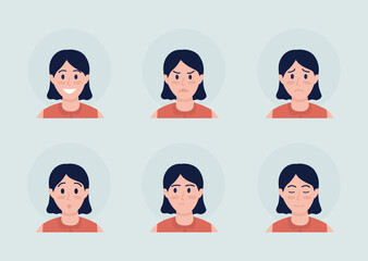 Girl with various emotions semi flat color vector character avatar set. Casual style. Portrait from front view. Isolated modern cartoon style illustration for graphic design and animation pack