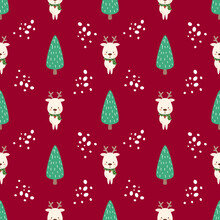 Cute Digital Painting Cartoon Character Hand Drawn Seamless Pattern Of Reindeer,white Dots,tree On Red Background.merry Christmas Concept.design For Texture,fabric,clothing,wrapping,decorating,print.