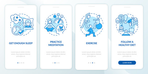 Wall Mural - mental wellbeing during pregnancy onboarding mobile app page screen. meditation walkthrough 4 steps 
