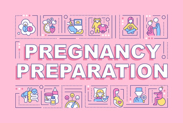 Pregnancy preparation word concepts banner. Baby care classes. Infographics with linear icons on pink background. Isolated creative typography. Vector outline color illustration with text