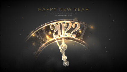 Wall Mural - Happy new 2022 year banner. New year card in futuristic polygonal style with gold clock