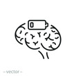 battery brain icon, exhausted or tired, low level energy, fatigue and stress, burnout about work, thin line symbol - editable stroke vector illustration