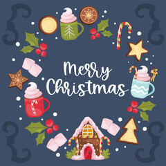 Wall Mural - Christmas round design with text merry christmas, gingerbread house. Gingerbread cookie, cocoa with marshmallow and lollipop for holiday decorations. Vector illustration.